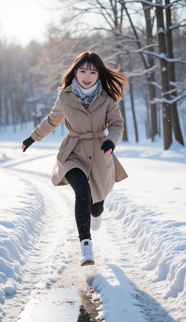 A young Japanese woman, full of energy and joy, runs and jumps along a snow-covered path, her movements light and effortless. She wears a stylish winter coat, a cozy knit scarf, and warm gloves, perfectly suited for the chilly weather. As she leaps over a ...