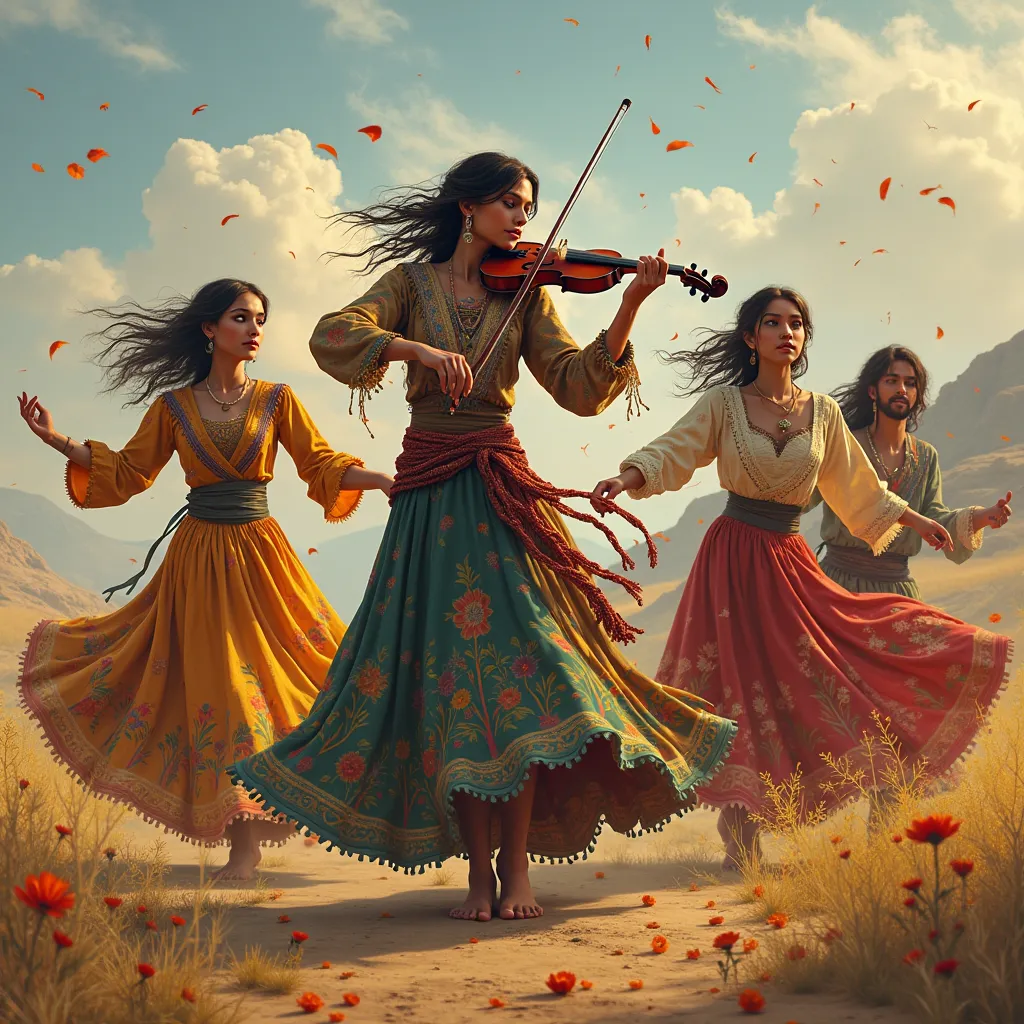 one gypsy sings on the violin, the other 3 dance energetically