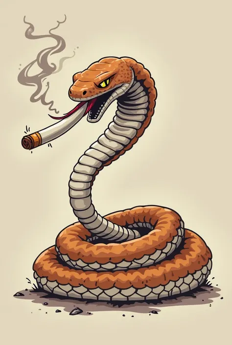 A brown and white smoking cigarette converted into a menacing snake, simple cartoon style with no background