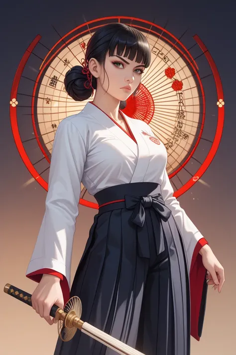 The only woman ,warrior,Hakama, holding a fan ,  LEDs  ,Metal,Metal,  HD ,  Best Quality,   HD ,  anatomically correct ,  Very detailed,   超 HD ,  Skin texture  ,  Sharp Detail ,Bangs, 