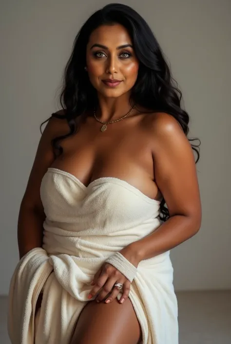 A busty thick plus size hot 40years+  indian woman  with sensual face,sexy eyes ,long black hair , her curvy  body is  wrapped in a towel , ,woman  is seductively  pulling up the lower end of her towel and exposing the upper part of her right thigh, she is...