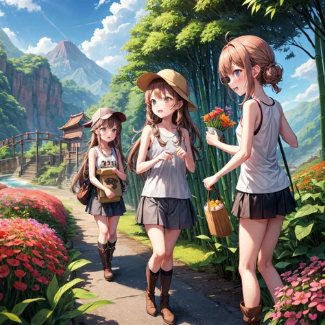 pink brown brown gold hair、 eye、  Has hair tied  、Two cute people、 Check Mini Skirt、  black t-shirt、 Light clothing、 tank top、 camisole、high socks、 Boots、 teeth inside、  The Road Is Crooked 、Mountain々、Stick together  、 bamboo forest、 chest pocket  、rock sa...