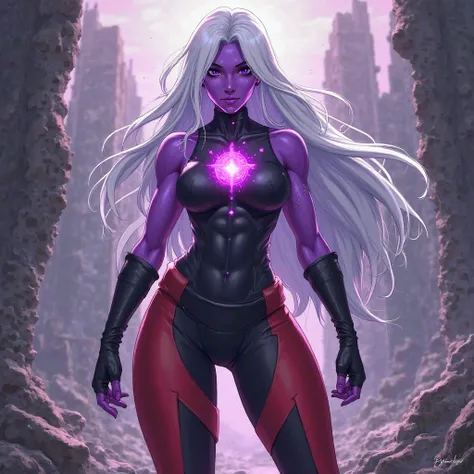 Female heroine. Warrior. Long wild white hair. Violet skin. Black and red tanktop and pants. Gloves. . Violet crystal in chest. Fit. Smirk. Steven Universe. Yugioh. Digital art. In a ruined city.