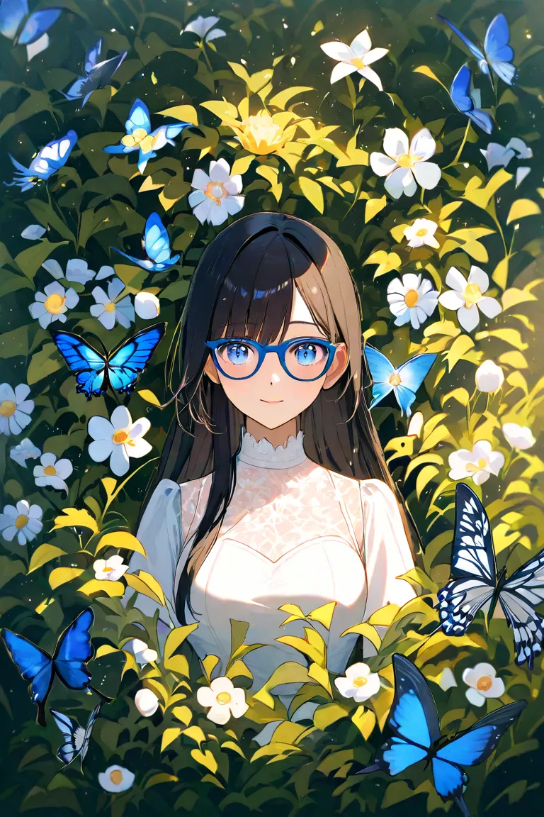 masterpiece,Highest quality,Super Detail,8k,long black hair　blue sparkling eyes　Blue Deep Glasses　cute　 Lots of Butterflies 　white dress　 lots of flowers 