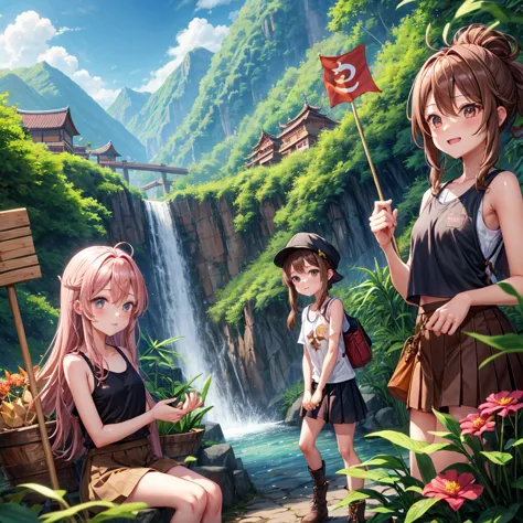 pink brown brown gold hair、 eye、  Has hair tied  、Two cute people、 Check Mini Skirt、  black t-shirt、 Light clothing、 tank top、 camisole、high socks、 Boots、 teeth inside、  The Road Is Crooked 、Mountain々、Stick together  、 bamboo forest、 chest pocket  、rock sa...