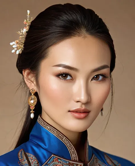 Mongolian woman , realistic style" prominent cheekbones"
"Almond-Cut, dark brown eyes"
"egyenes, medium-sized nose"
" full , curved lips"
"light to medium-dark skin tone"
" long ,  dark brown hair "
"oval or slightly angular face shape"