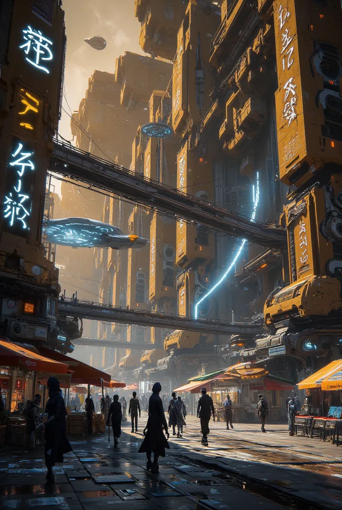 *"A stunning, hyper-detailed futuristic city on an alien world, blending sleek, advanced technology with ancient extraterrestrial architecture. Towering megastructures pierce the sky, their surfaces shimmering with holographic advertisements and neon-lit s...