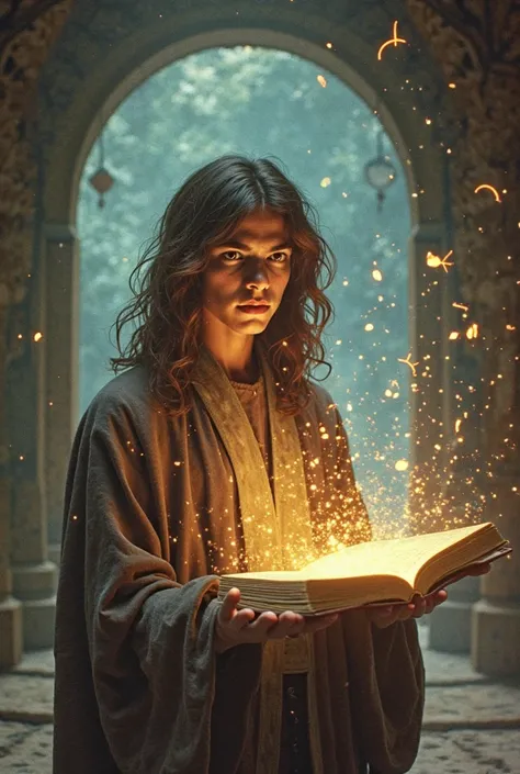 a 1970s scene inspired by The NeverEnding story and Labyrinth of a young lightbrown skinned wizard scholar with a glowing, overstuffed book floating in front of him. His robes are orderly and precise, but his long hair is slightly disheveled. Magical equat...