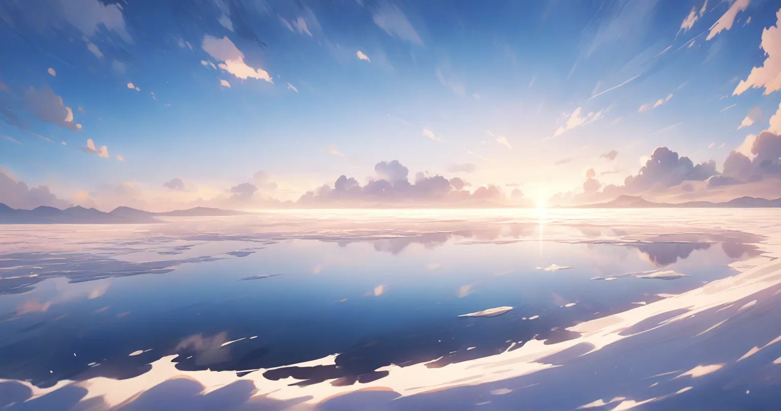 Asahi　 no people　Anime anime keyvisual, no humans, wide shot, on the salt flat,