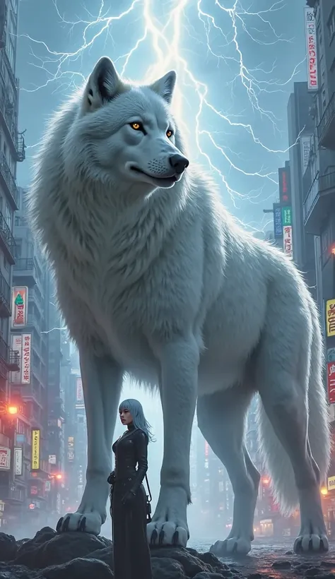 There is a giant white wolf in the city of Tokyo、１A human gray-haired woman is standing、Lightning envelops the city、4K images、 real 