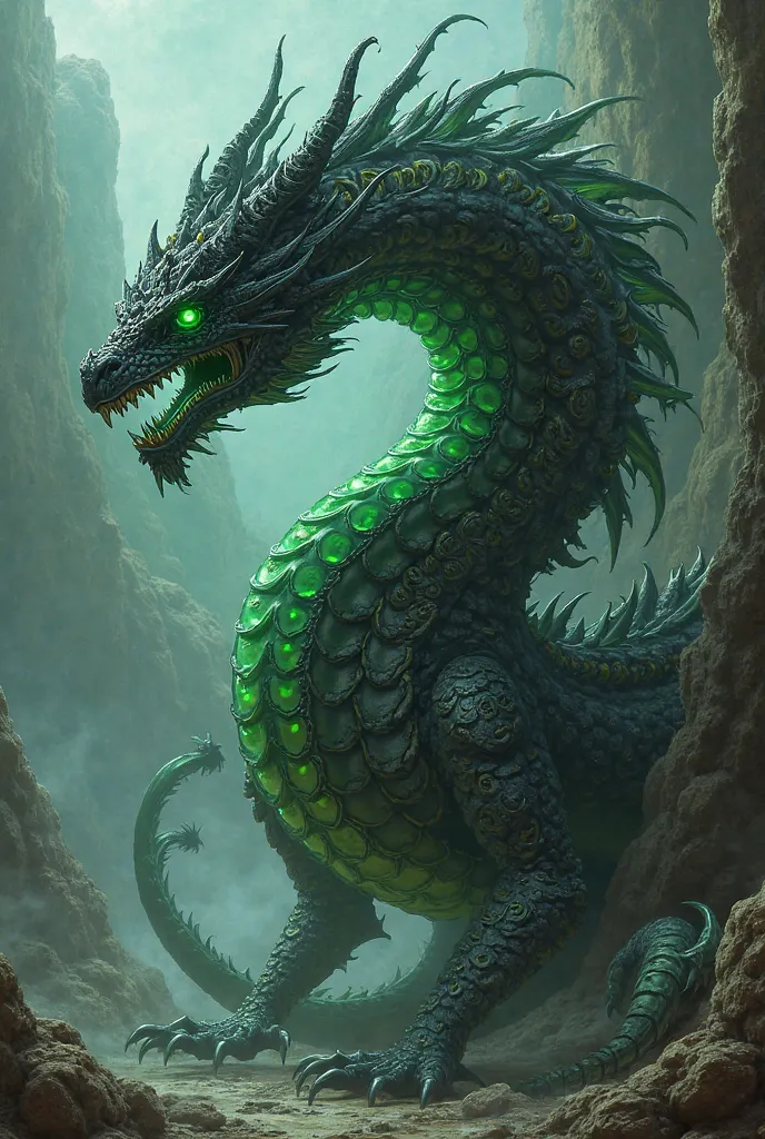 A black dragon with greens tubes flowing through it and green eyes