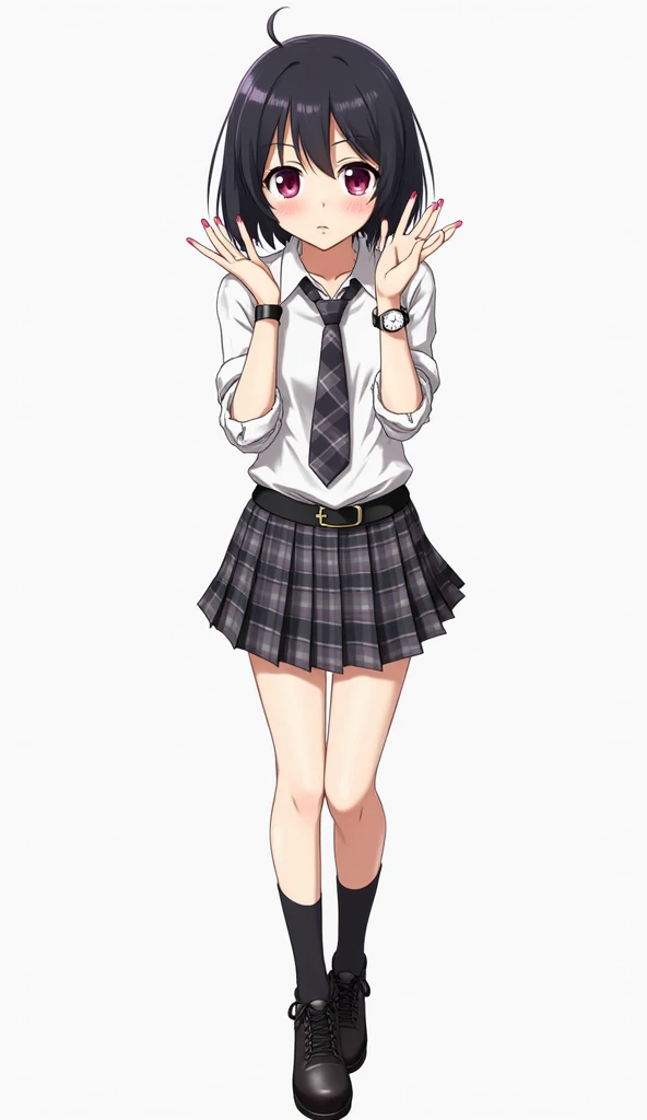 Japanese anime adolescent woman with short straight black hair and intense magenta eyes and red nails and white watch on her left wrist and a black bracelet on her right wrist and she wears a white shirt with three-quarter sleeves and a plaid tie in shades...