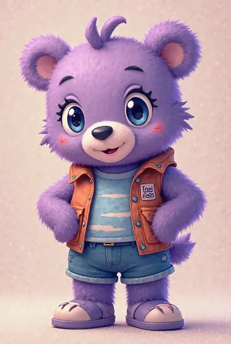 cute purple bear、Standing on two legs、Wearing casual clothes、Dragon Ball scout attached to the eye