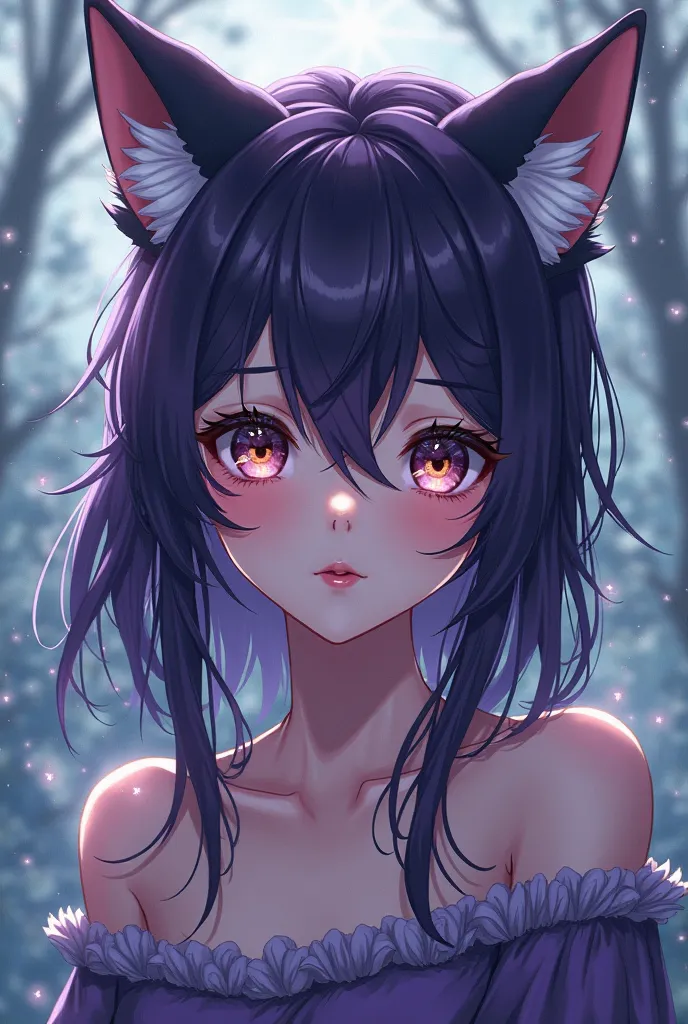 Anime wolf  girl with Dark purple With heavenly eyes and elf ears 
