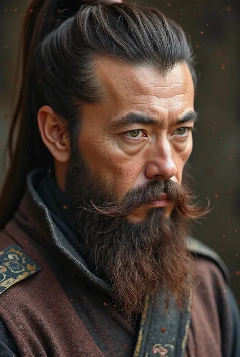 Very brutal, formidable man in his 40s, in China , has brown hair,collected in a samurai ponytail , with a short brown beard with a square jaw shape,  lies with green eyes, looking at me , Chinese style  