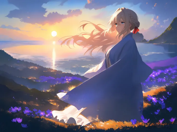 anime style, 1girl, character Violet Evergarden, from Violet Evergarden, (wind), stonewall, ocean background, cowboy shot, from side, depth of field, masterpiece, high score, great score, absurdres