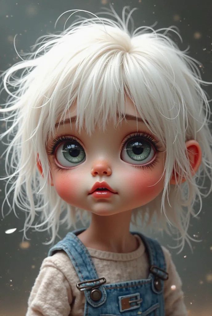 Make a 2D drawing of a little doll with messy white hair, big eyes looking to the side, as if you were just a little scared, make a background with some details, everything for a channel profile picture