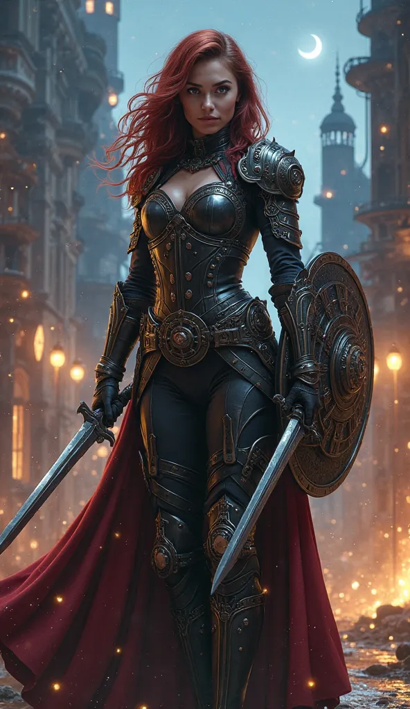 Creates a striking image of a hybrid between Black Widow and a medieval female gentleman. This character must be enormous and muscular, combining Black Widow's agility and combat style with elements of medieval female. The armor must be elegant but sturdy,...