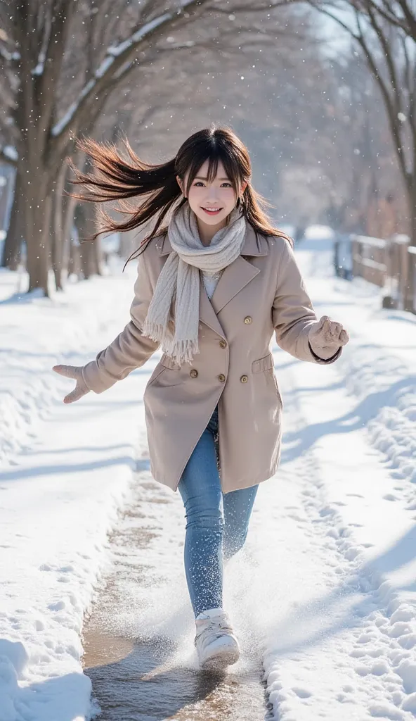 A young Japanese woman, full of energy and joy, runs and jumps along a snow-covered path, her movements light and effortless. She wears a stylish winter coat, a cozy knit scarf, and warm gloves, perfectly suited for the chilly weather. As she leaps over a ...