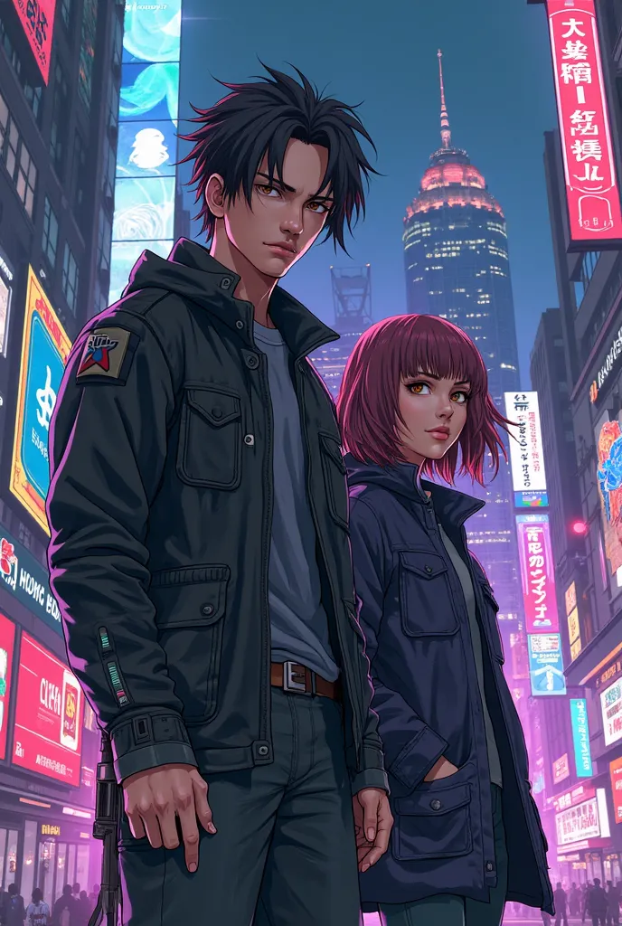 Japanese anime 【Cyberpunk Edgerunneres】 protagonist David Martinez and heroine Lucy Kishinada，japanese two-dimensional style, high-tech neon science fiction