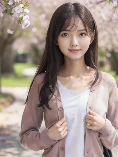 plum tree, standing with hand on tree, white T-shirt, layering, red cardigan, white shorts, sneakers, spring atmosphere, ((masterpiece)), ((best quality)), (ultra-detailed), ((beautiful eyes)), Japanese female, (slender:1.3), ((30 years old)), beautiful, (...