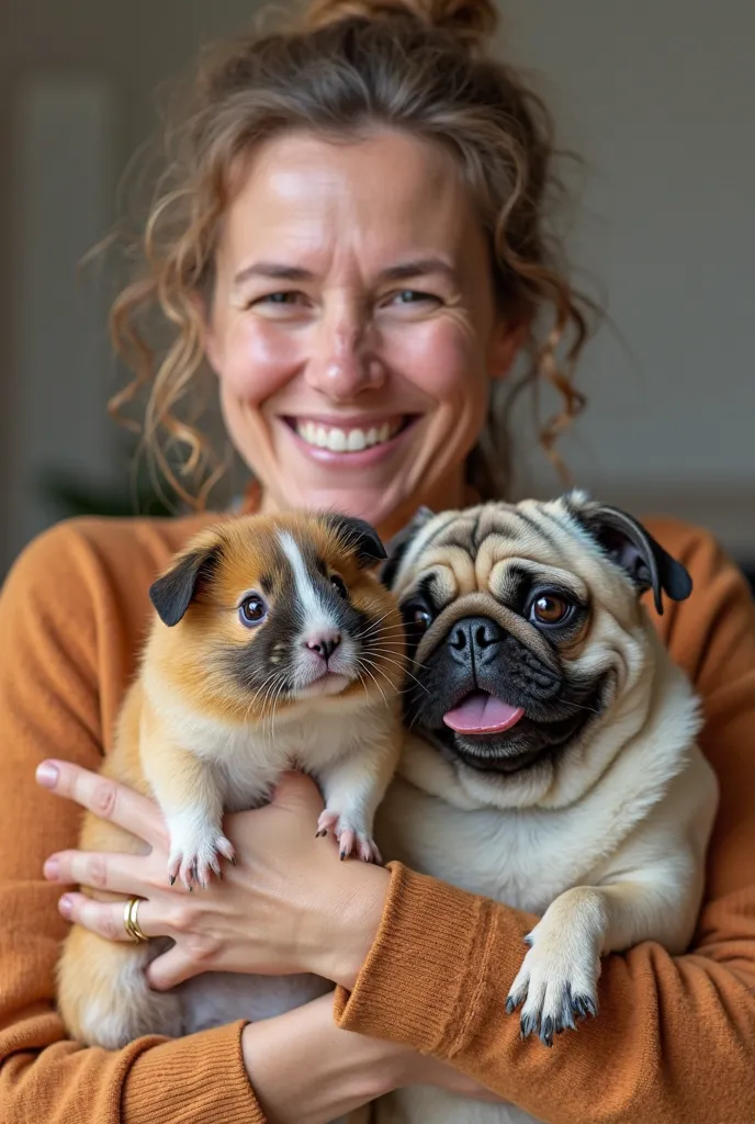 Happy middle aged woman holding guinea pig and a pug
