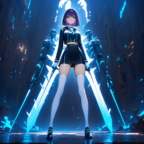 beautiful girl 、Age 30、Highest quality、 super precise、 Height、long legs、8 heads、Detailed view、Blue light、night、black blackout、 Standing posture 、full body、fighting pose、True Face、sharpness、 silver and black futuristic suit、 bikini、 sailor suit、miniskirt、 w...