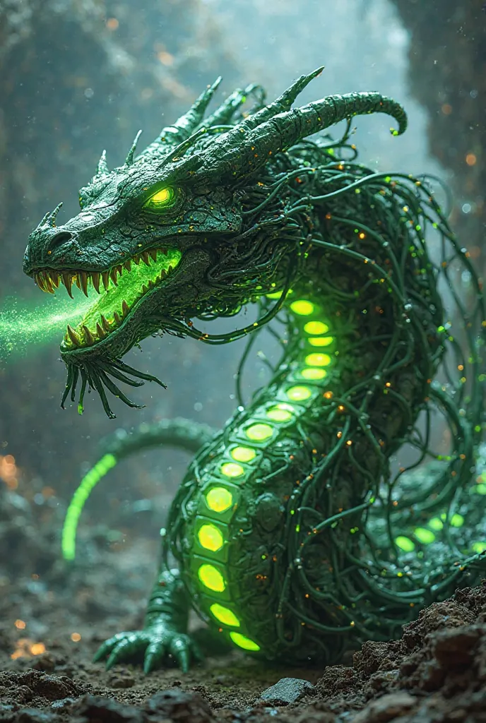 A dragon with green tubes going through its body with green eyes and green fire