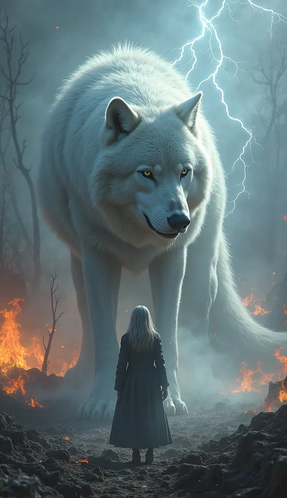 The giant white wolf is on the burning ground、１A human gray-haired woman is standing、Lightning envelops White Wolf、4K images、 real 