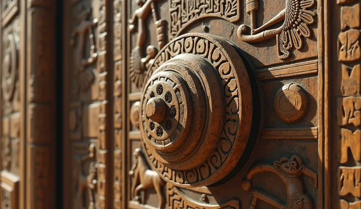 A wooden pin tumbler lock from ancient Egypt, installed on a grand door with intricate carvings of Anubis and hieroglyphs.