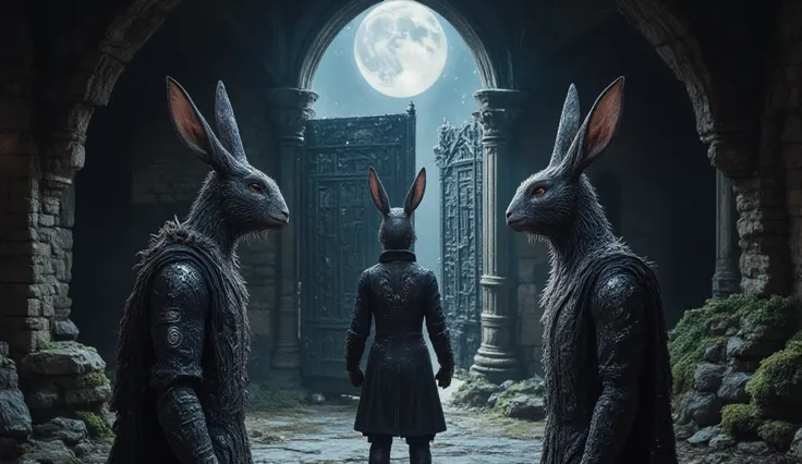 Inside a ruined castle, the three rabbit-eared guardian monsters are facing each other to an ancient iron gate covered with dimly shining runes. The first monster, with metal scales, He is standing next to the gate, looking towards the horizon with a fierc...