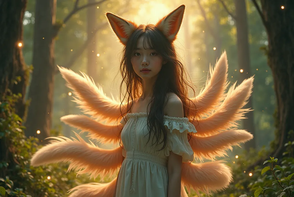 Dark-haired girl, 18 years old. with fox ears, 9 glowing fox tails, magical forest, lights, realistic photos. Cinematic photo. The sun