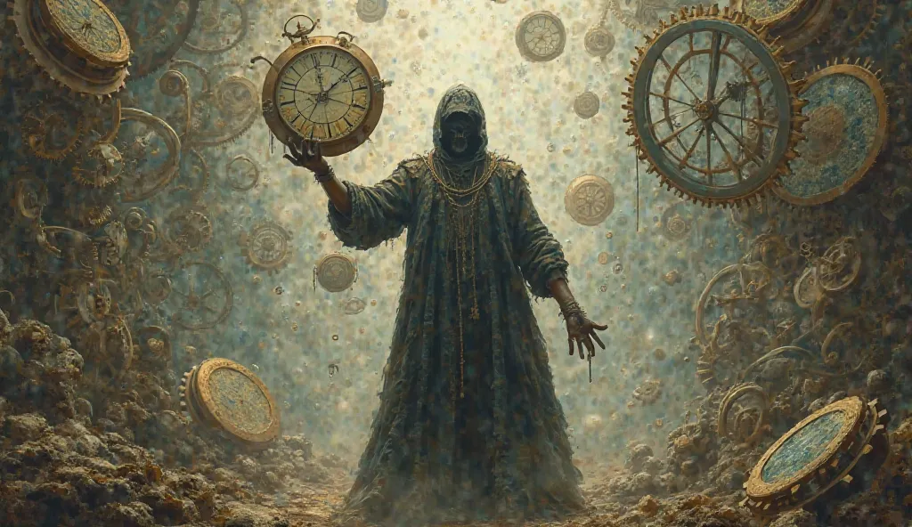 Image prompt: A person holding a clock in hand, surrounded by floating gears and ticking timepieces.
