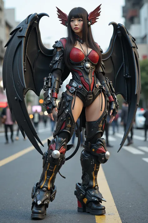 Masterpiece, top quality, 8k, Japanese woman in heavy armed bat-like animal bio suit, A machine is implanted in the living body, inverted jointed leg, vivid color and vivid textures, ultimate realistic beautiful female face, bio-mechanical, ultimate intric...