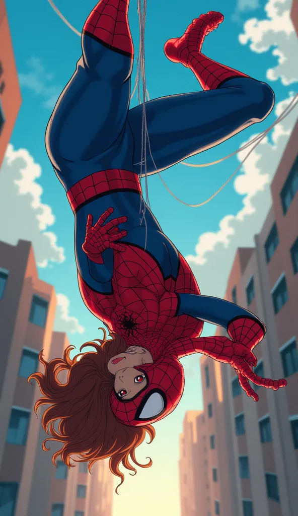 Spiderman hanging from a cobweb face down with the mask on but with his mouth exposed and Mary Jane Besanole. anime style