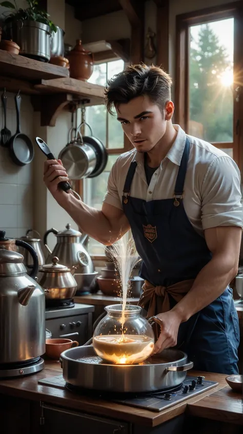 An epic, cinematic scene in an old and rustic kitchen.  in the center, a man with a determined and focused look, wearing simple worker clothes, is creating an invention to make coffee in a unique way. On top of an iron stove, a metal pot with boiling water...