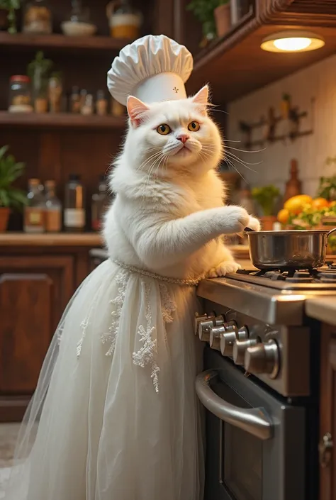 A 5-feet tall, white cat with a soft, fluffy coat is dressed in a beautiful wedding dress with delicate lace details and a flowing train. She wears a chef’s cap tilted slightly to the side, adding a charming touch to her elegant look. In a warm, well-lit k...