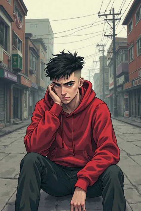 ANIME CARTOON. A 20-YEAR-OLD MAN WEARING A RED HOODIE, SKINHEAD HAIRSTYLE, SITTING WAITING IN LONELINESS IN THE MIDDLE OF THE STREET.