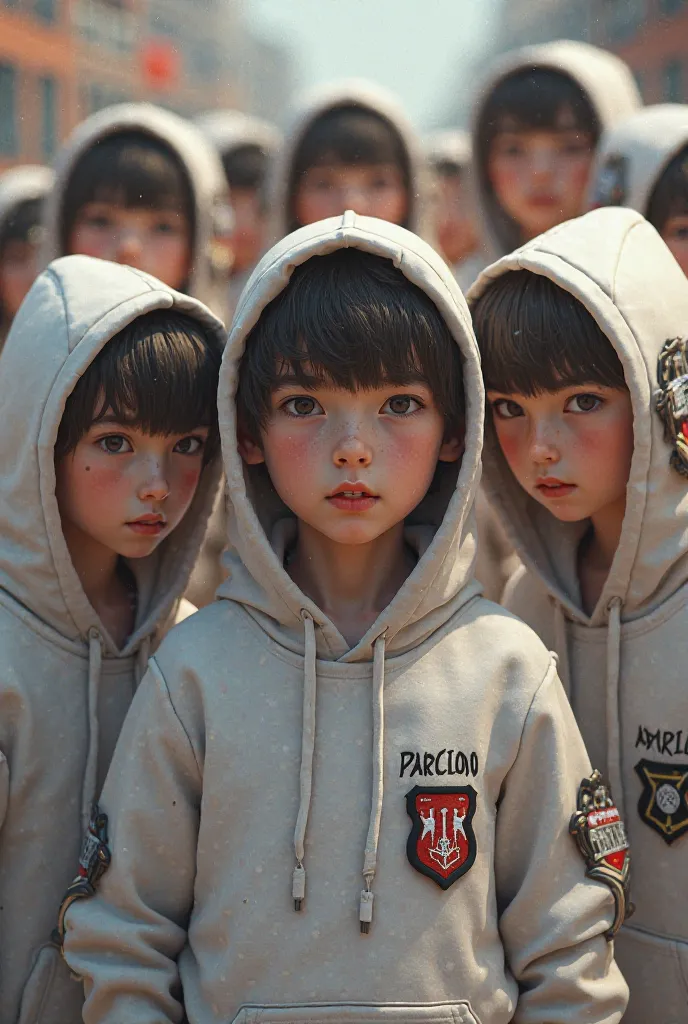 A group of boys wearing white hoodies with patches, realistic 