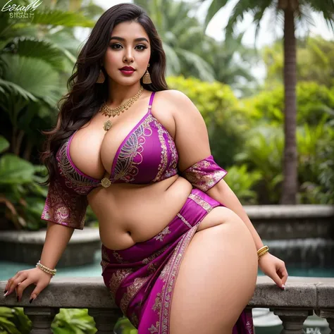 8k,indian gojes, beauty, curvy model, plus size,curve,, big, bigboobs,big,ass, face portrait, ((Very Intense Makeup)), (( Lipstick)), smiling, long hair, brown hair, wavy hair, Voluptuous Woman, Plus-sized, curvy model,Market  pose,1 malay girl, modern , s...