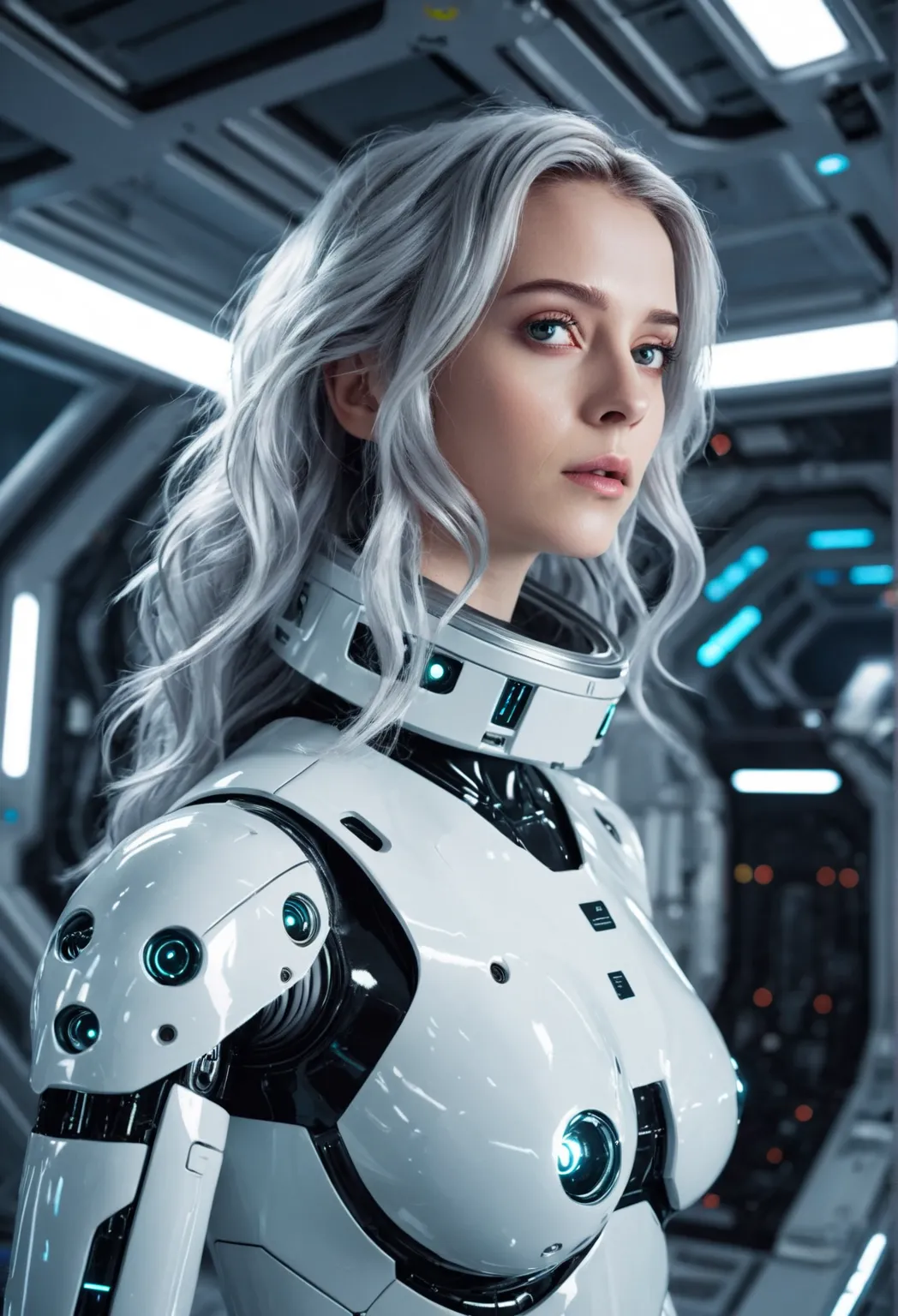 girl in  (space_station), Detailed 4k scene, realistic portrait, futuristic environment, dramatic lighting, shiny hair, serious expression, robots and space equipment in the background,  modern graphic design ,  cold color palette, ultra-detailed photograp...