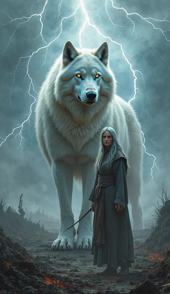 A very huge white wolf is on the burning ground、１A human gray-haired woman is standing、A lot of thunder envelops the White Wolf、4K images、 real 