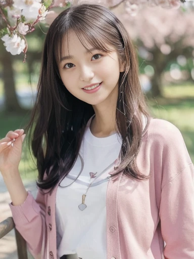 plum tree, standing with hand on tree, white T-shirt, layering, red cardigan, white shorts, sneakers, spring atmosphere, ((masterpiece)), ((best quality)), (ultra-detailed), ((beautiful eyes)), Japanese female, (slender:1.3), ((30 years old)), beautiful, (...