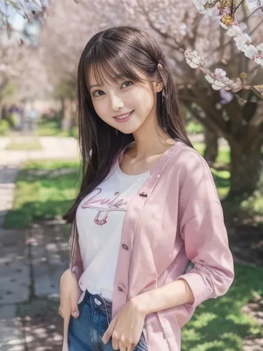 plum tree, standing with hand on tree, white T-shirt, layering, red cardigan, white shorts, sneakers, spring atmosphere, ((masterpiece)), ((best quality)), (ultra-detailed), ((beautiful eyes)), Japanese female, (slender:1.3), ((30 years old)), beautiful, (...