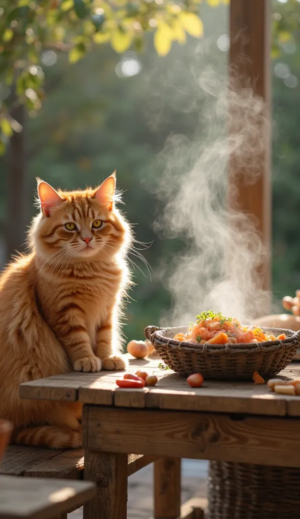 The A fluffy orange tabby cat stands beside a wooden table in an outdoor village kitchen steps back slightly, watching the dish cook as steam swirls upward. Its paws rest on its hips, appearing deep in thought. Some ingredients are neatly arranged on the t...