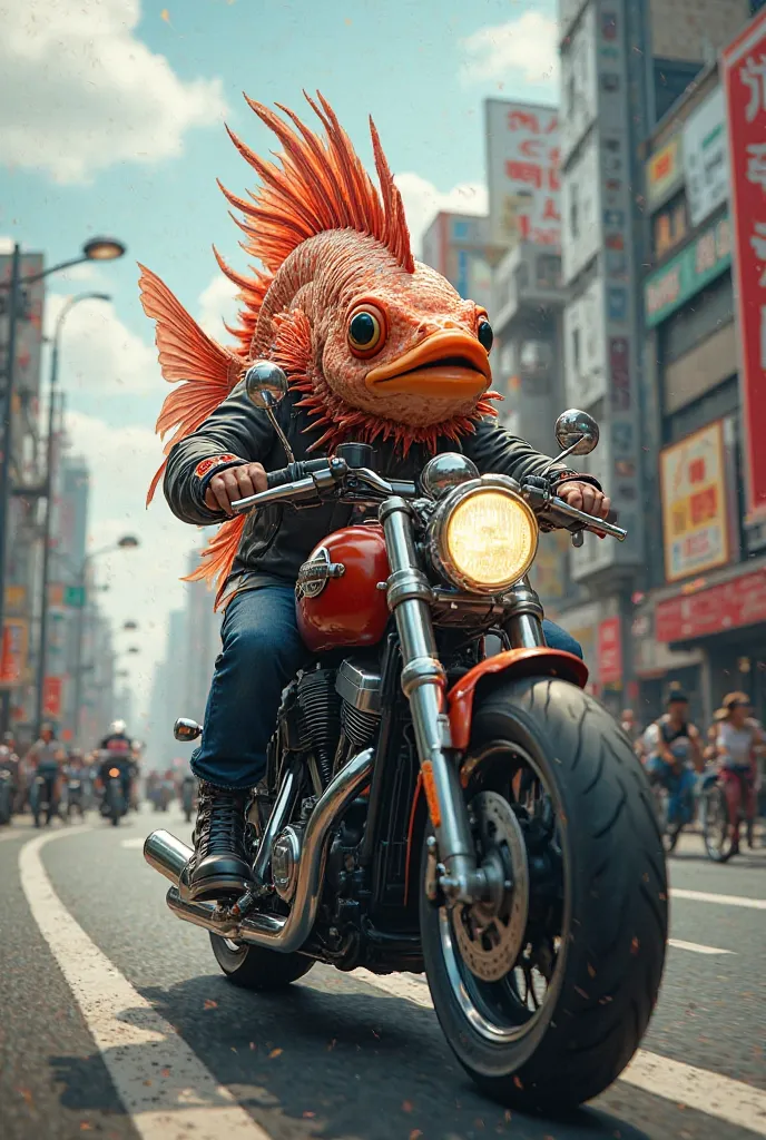 Flower Horn Fish ride a motorcycle in realistic image 