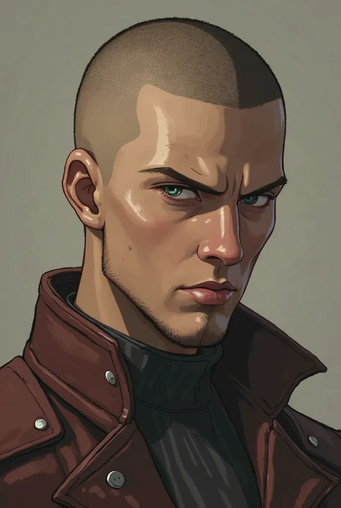 a picture of Levi from attack on titan but make him have a buzz cut