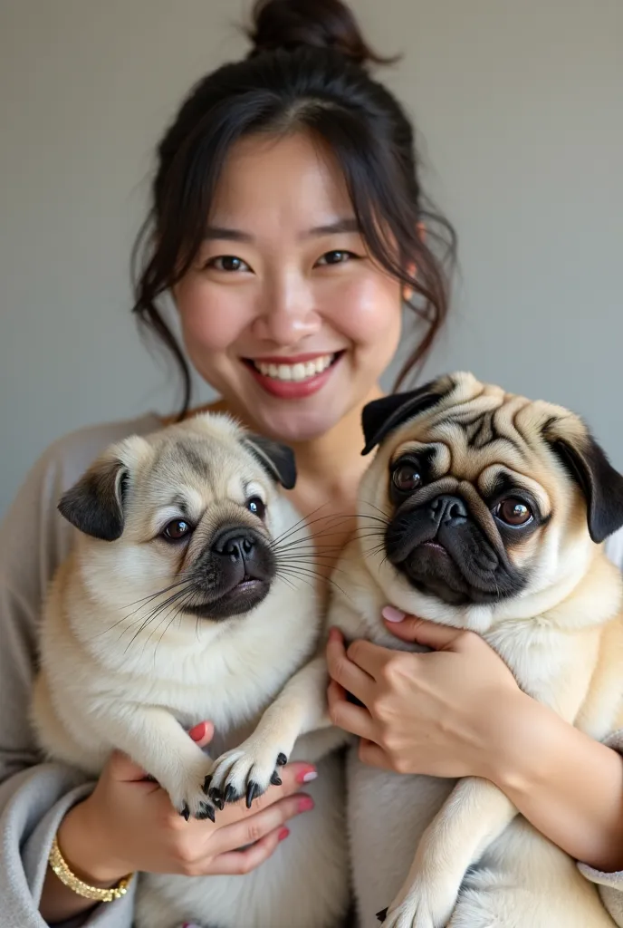 Happy Japanese woman in her 40s holding a chinchilla and a pug
