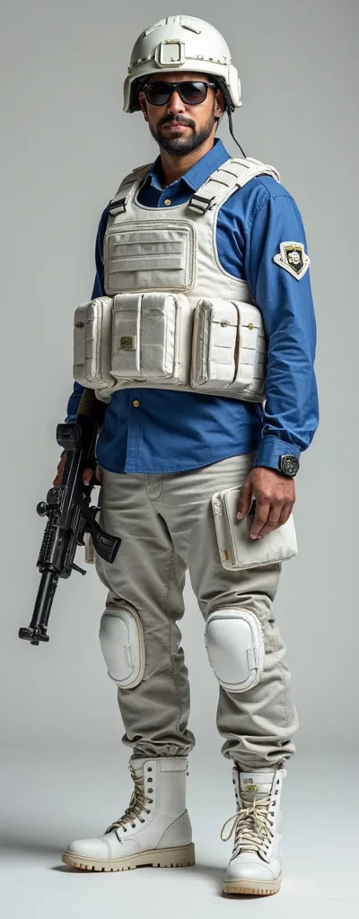 military uniform, blue shirt with pants, white boots, 2014-2015 The guy stands at full height and straight.Stands straight.A type of uniform worn during war or regular service.With weapons and equipment.Dressed inwhite tactical gear.Dressed in advanced com...