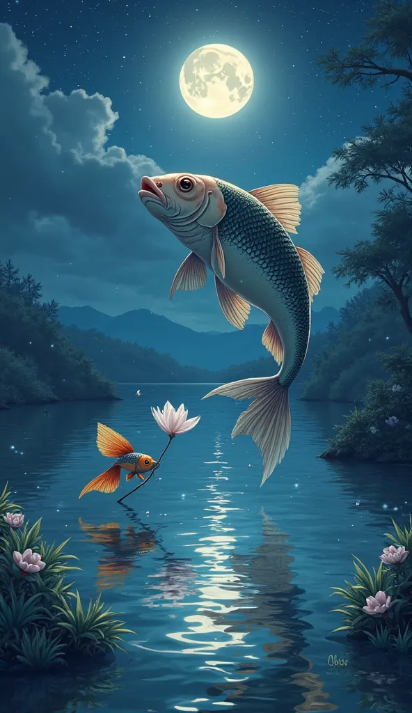 "A courageous fish leaping out of the lake under the soft light of the moon, extending its fins to pick up a delicate white flower on the shore. Its eyes shine with determination and love, knowing the risk it takes as it leaves the water. In the lake, a sm...